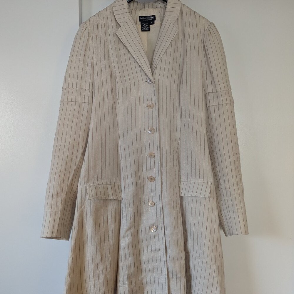 J. Peterman cream and brown striped linen duster coat